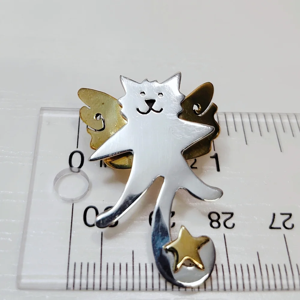 Vintage Far Fetched Sterling Silver Brass Guardian Angel Happy Cat Brooch Pin - Picture 4 of 6